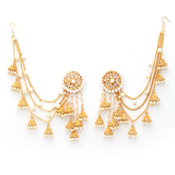 Traditional Bahubali Style Off White Circular Shaped Gold-Plated Drop Earrings With Ear Chain