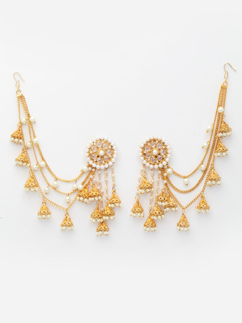 Traditional Bahubali Style Off White Circular Shaped Gold-Plated Drop Earrings With Ear Chain