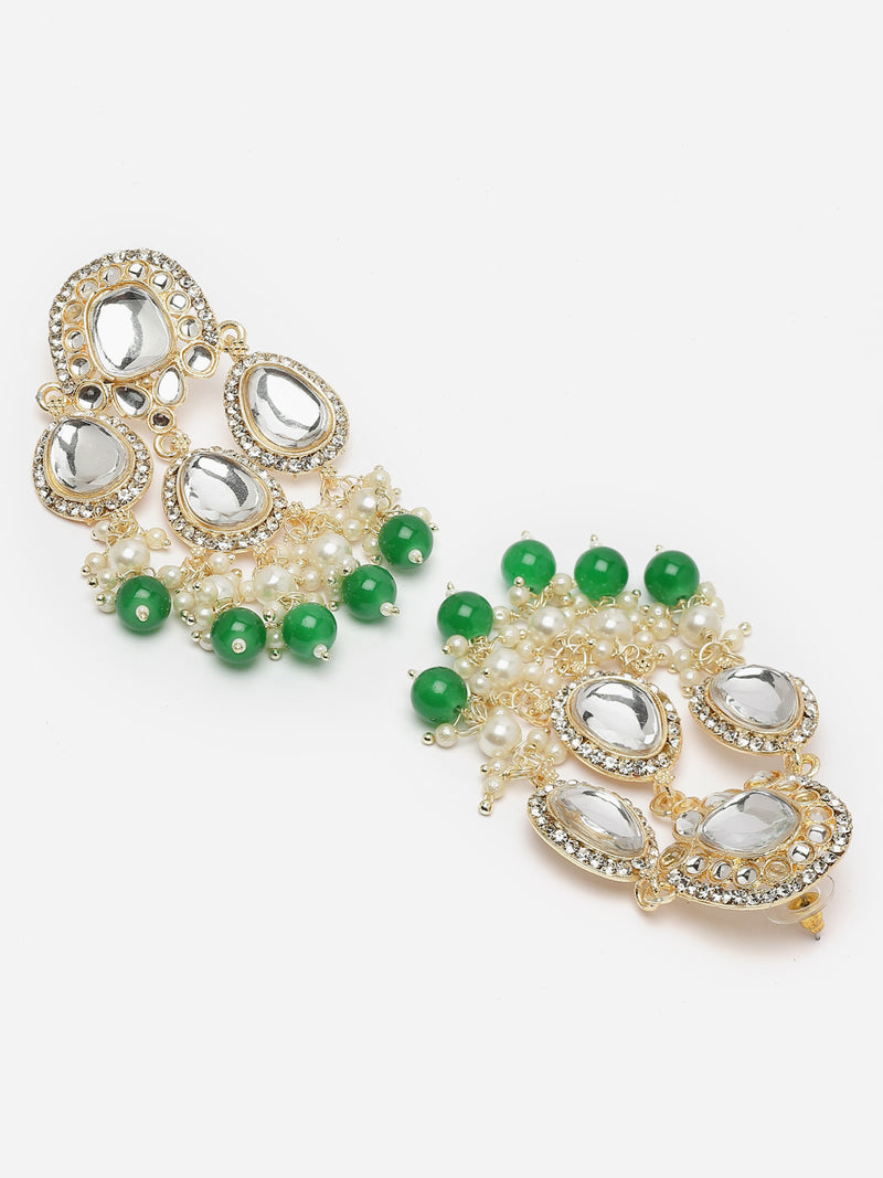 Gold-Plated Kundan & Green Pearls studded Teardrop Shaped Mirror Drop Earrings