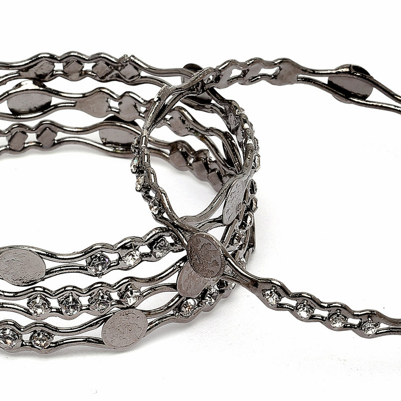 Oxidised Silver-Plated Black Toned White American Diamond studded Temple Coin Bangles Jewellery Set (Set Of 4)