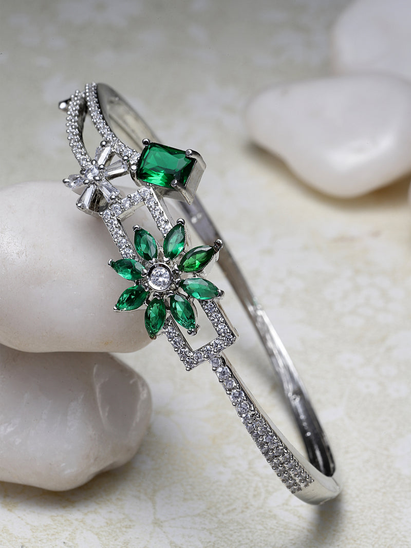 Rhodium-Plated Green Flower & Square Shape American Diamond Studded Kada Bracelet