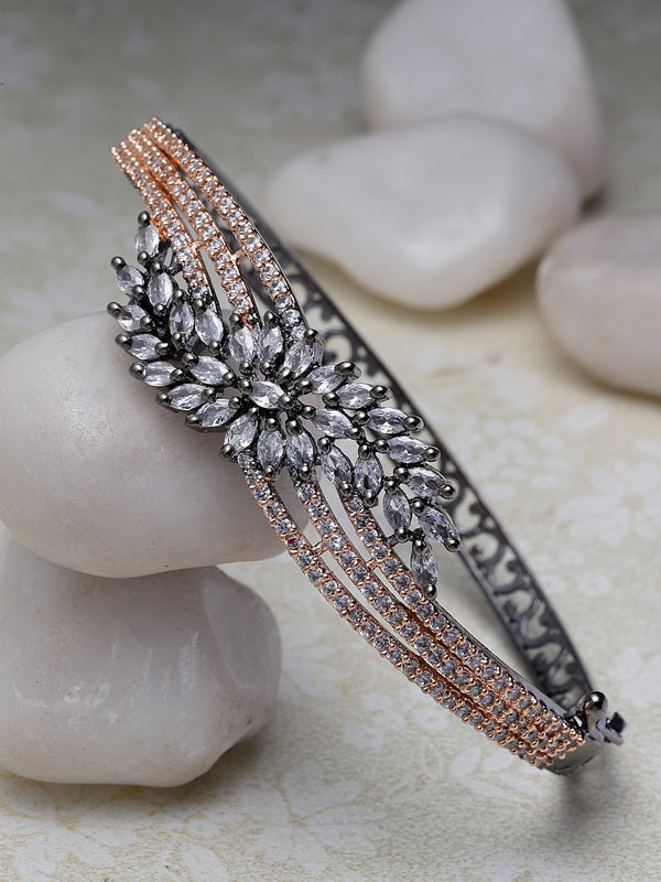 Rose Gold-Plated Gunmetal Toned White American Diamond Studded Kada Bracelet