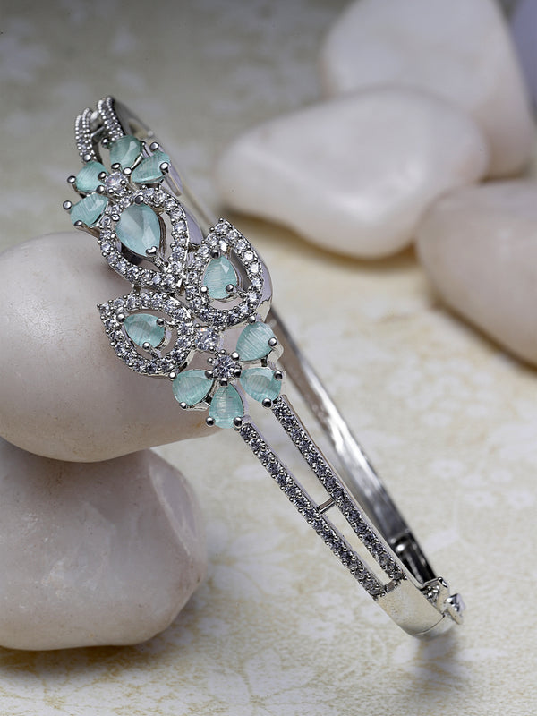 Rhodium-Plated Sea Green American Diamond Studded Leaf Shaped Kada Bracelet