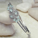Rhodium-Plated Silver Toned Leaf Shaped Sea Green American Diamond Studded Bracelet
