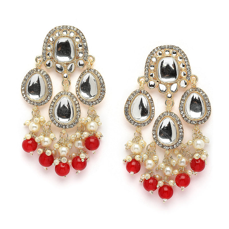 Gold-Plated Kundan & Red Pearls studded Teardrop Shaped Mirror Drop Earrings