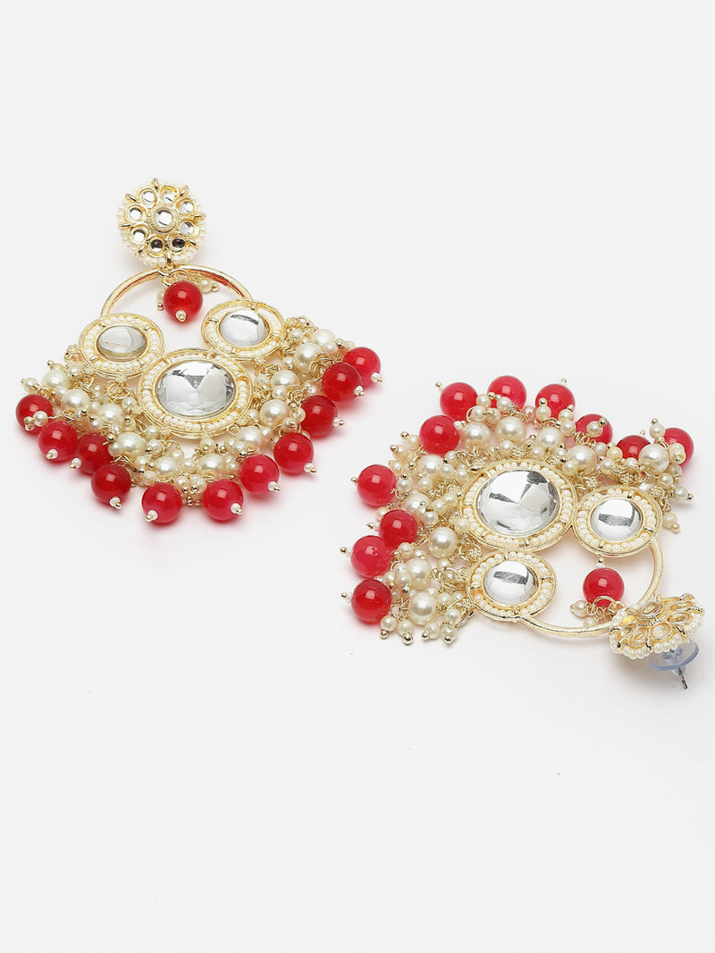 Gold-Plated Kundan & Red Pearls studded Floral Shaped Tasselled Drop Earrings