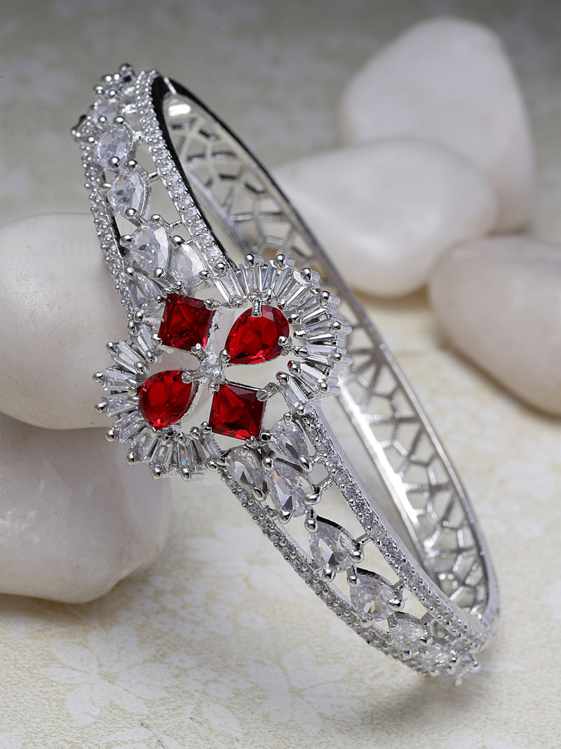 Rhodium-Plated Red American Diamond Studded Vector Theme Kada Bracelet