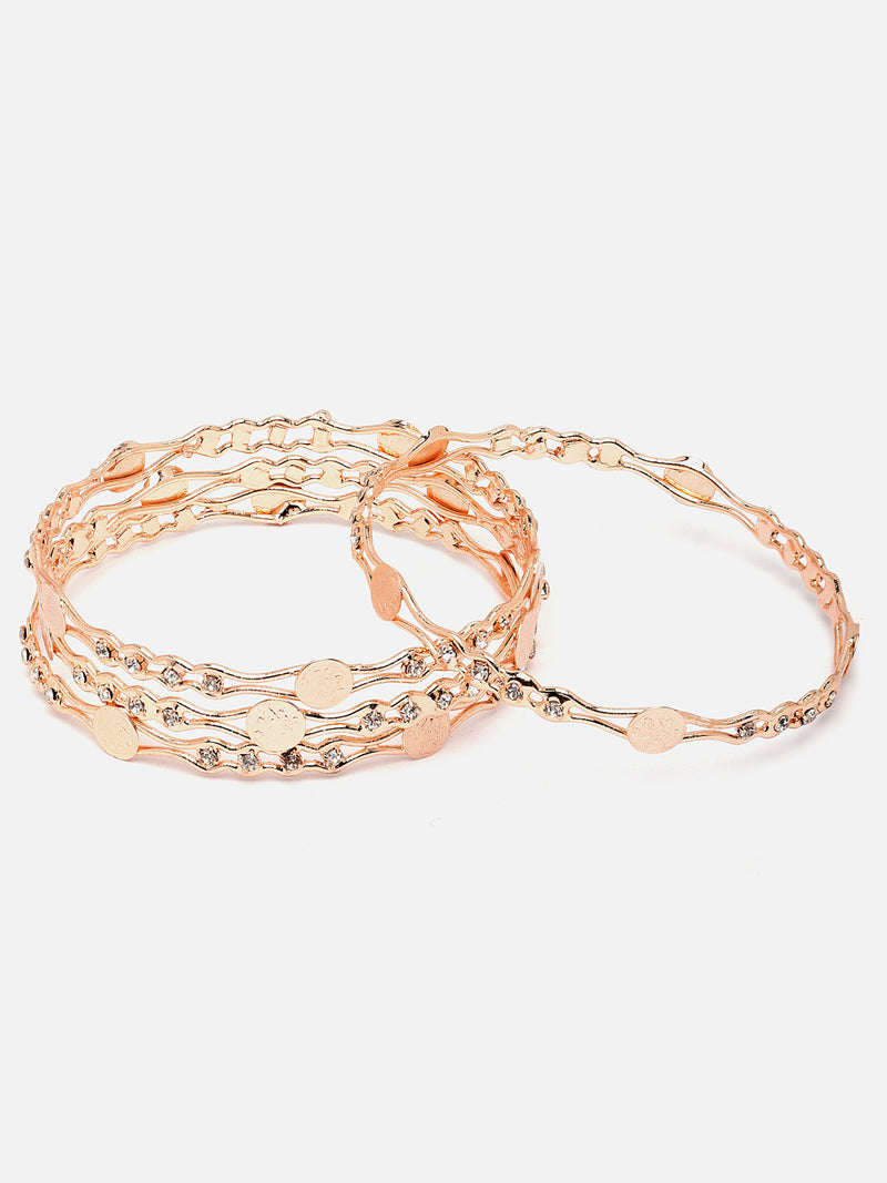 Rose Gold-Plated White American Diamond studded Temple Coin Bangles Jewellery Set (Set Of 4)