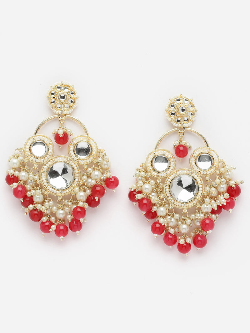 Gold-Plated Kundan & Red Pearls studded Floral Shaped Tasselled Drop Earrings