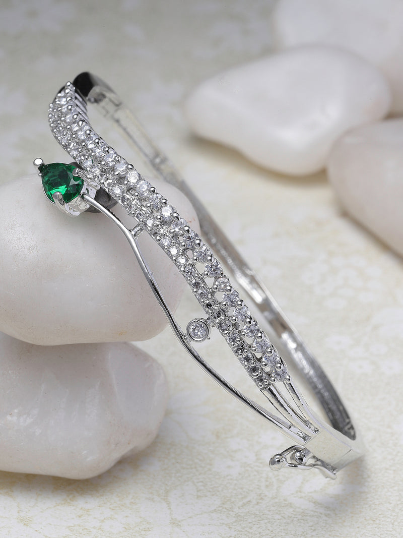 Rhodium-Plated Green American Diamond Studded Kada Bracelet
