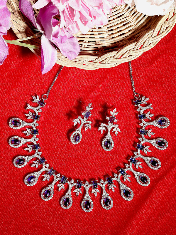 Rhodium-Plated Navy Blue American Diamond Studded Designer Necklace & Earrings Jewellery Set