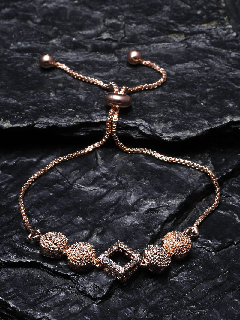 Rose Gold-Plated White American Diamond Studded Square Shaped Link Bracelet
