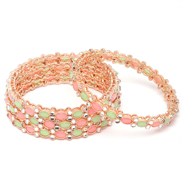 Rose Gold-Plated Lime Green & White Oval Shaped American Diamond studded Handcrafted Bangles Set (Set Of 4)