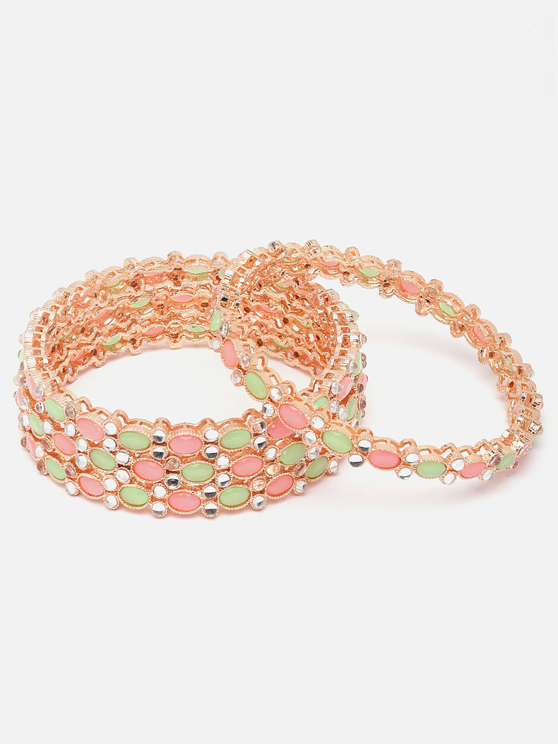 Rose Gold-Plated Lime Green & White Oval Shaped American Diamond studded Handcrafted Bangles Set (Set Of 4)