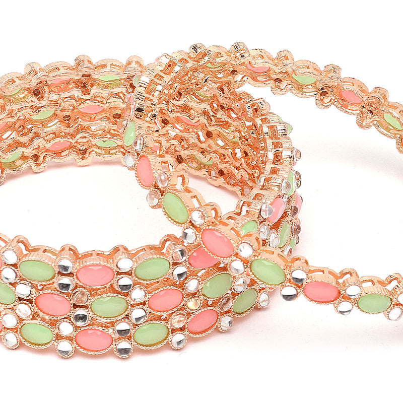 Rose Gold-Plated Lime Green & White Oval Shaped American Diamond studded Handcrafted Bangles Set (Set Of 4)