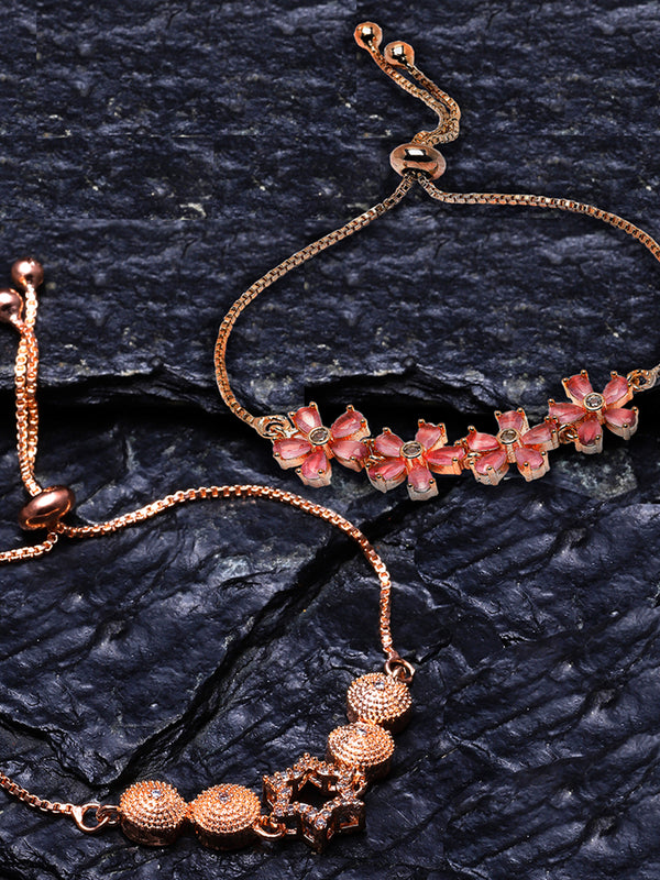 Rose Gold Plated  American Diamond Studded Pink Floral Design & Halo Star Charm Adjustable Bracelet Combo Set of 2