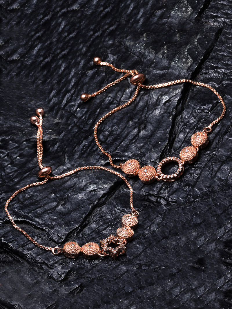 Rose Gold Plated Halo Star & Round Charm Beaded Set Of 2 Adjustable Stackable Bracelet