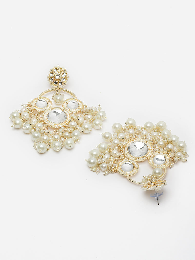 Gold-Plated Kundan & White Pearls studded Floral Shaped Tasselled Drop Earrings