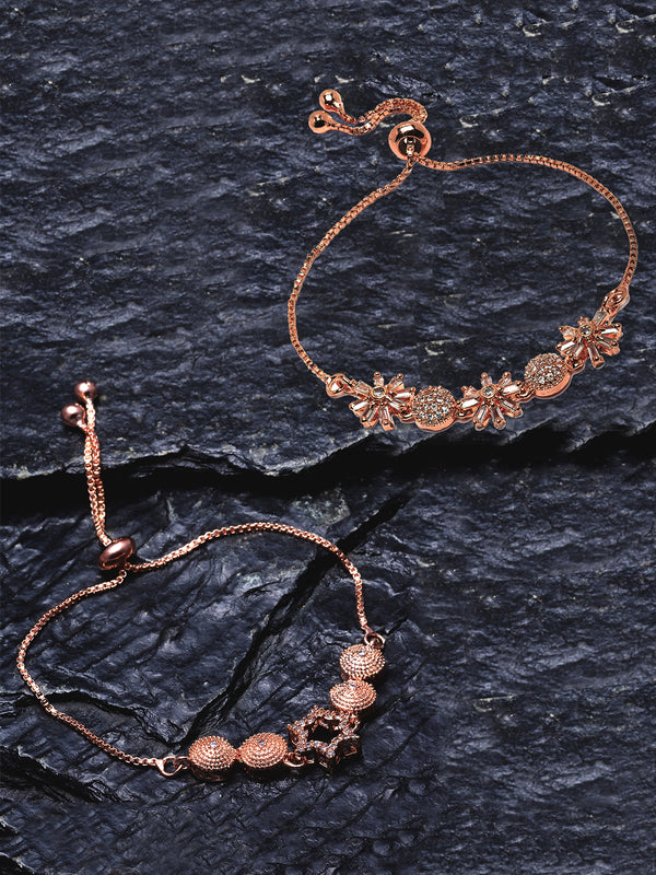 Rose Gold Plated  American Diamond Studded Floral & Star Charm Adjustable Bracelet Combo Set of 2