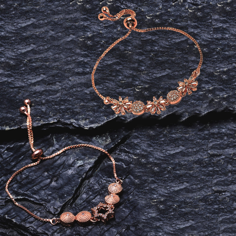Rose Gold Plated  American Diamond Studded Floral & Star Charm Adjustable Bracelet Combo Set of 2