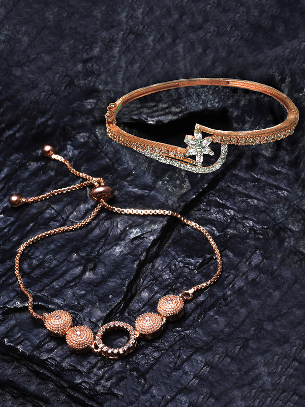 Rose Gold Plated American Diamond Studded Floral Design Cuff Bracelet  & Halo Round Charm Adjustable Bracelet Combo Set Of 2