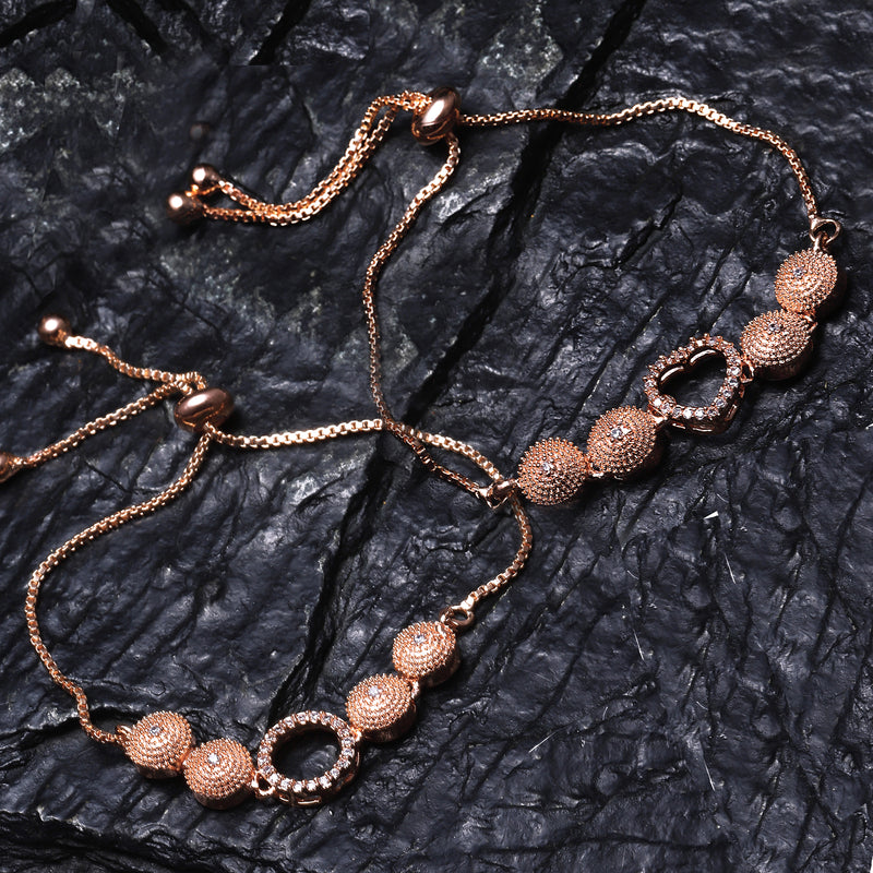 Rose Gold Plated American Diamond Studded Halo  Heart & Round Charm Adjustable Bracelet Combo Set of 2