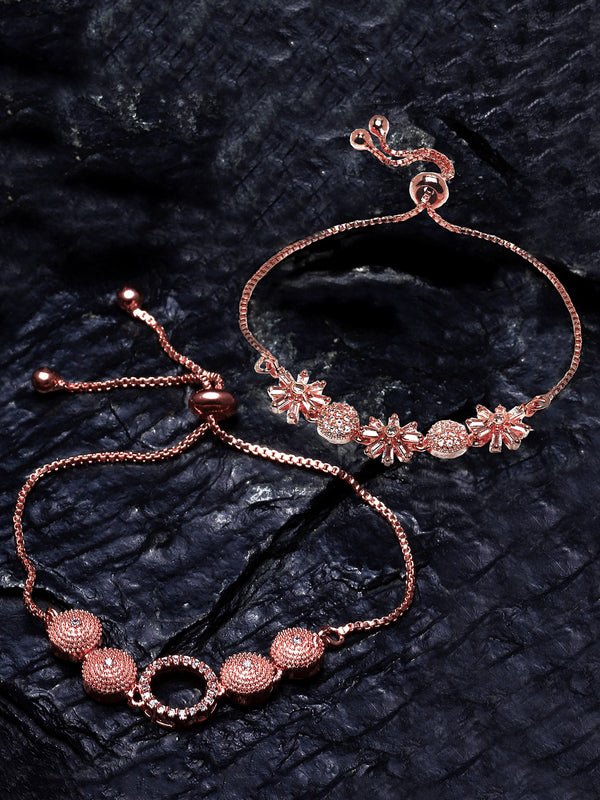 Rose Gold Plated  American Diamond Studded Round & Floral Charm Adjustable Bracelet Combo Set of 2