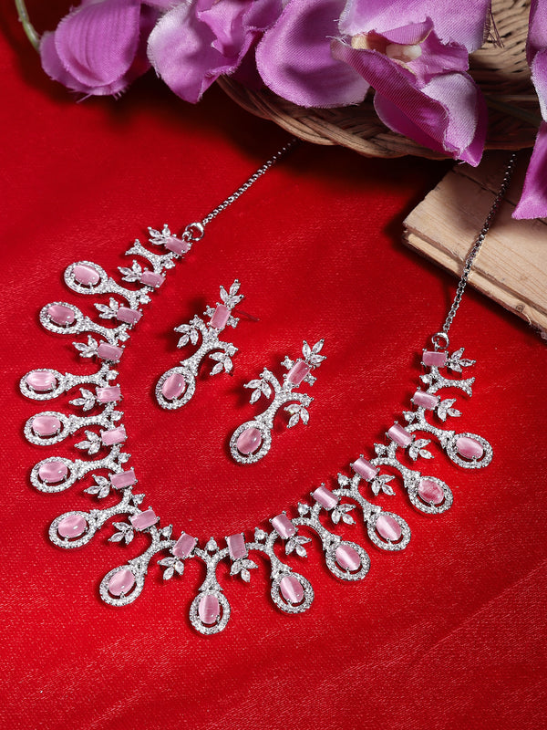 Rhodium-Plated Pink American Diamond Studded Designer Necklace & Earrings Jewellery Set