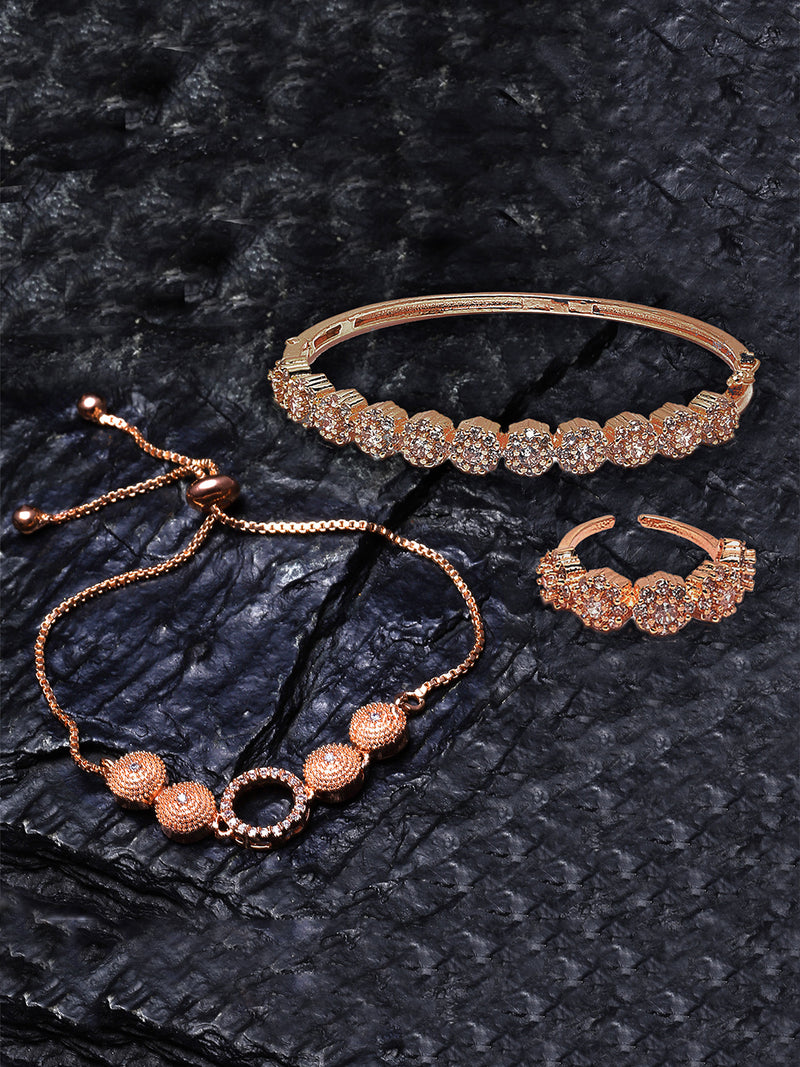 Rose Gold Plated Round Charm Beaded Set Of 2 Adjustable & Cuff Bracelet With Ring