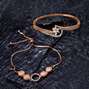 Rose Gold Plated American Diamond Studded Floral Design Cuff Bracelet  & Halo Round Charm Adjustable Bracelet Combo Set Of 2