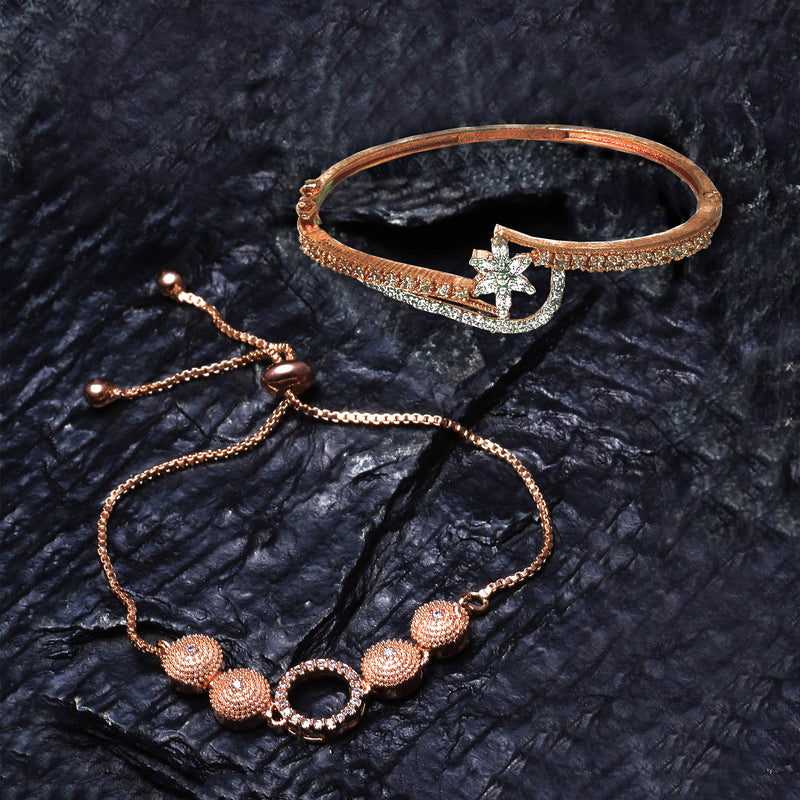 Rose Gold Plated American Diamond Studded Floral Design Cuff Bracelet  & Halo Round Charm Adjustable Bracelet Combo Set Of 2