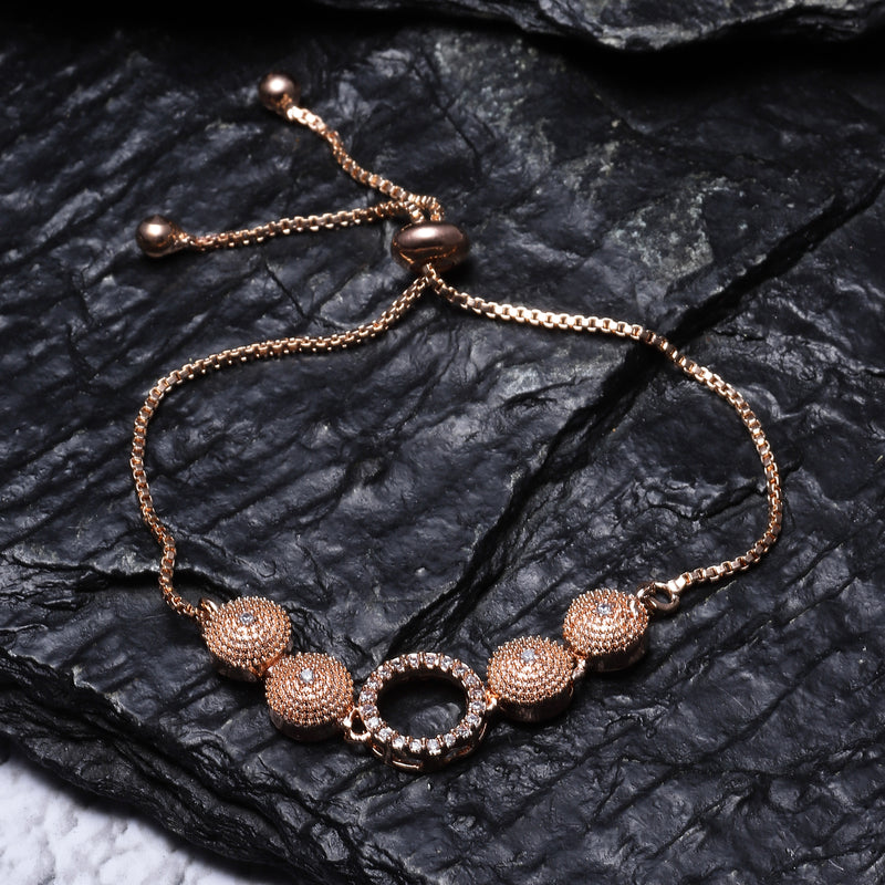 Rose Gold-Plated  Circular Shaped White American Diamond Studded Bracelet