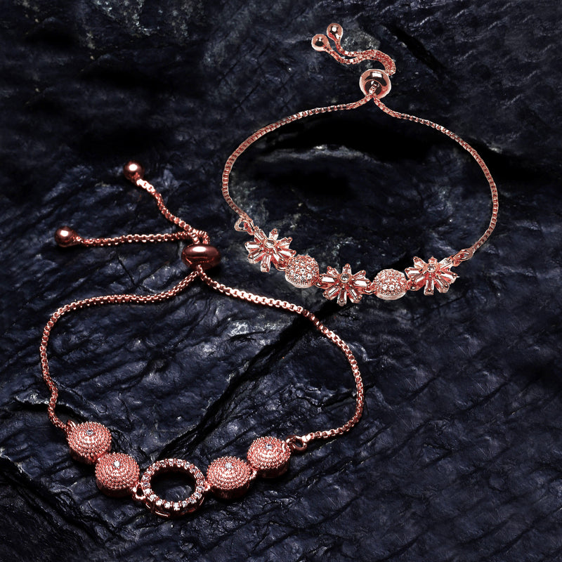 Rose Gold Plated  American Diamond Studded Round & Floral Charm Adjustable Bracelet Combo Set of 2