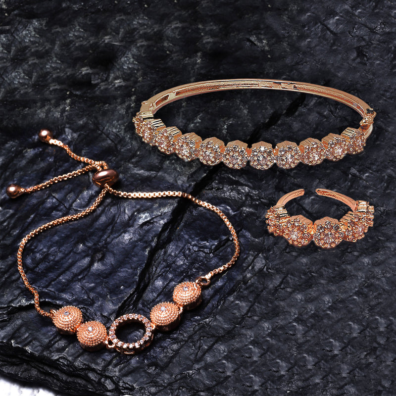 Rose Gold Plated Round Charm Beaded Set Of 2 Adjustable & Cuff Bracelet With Ring