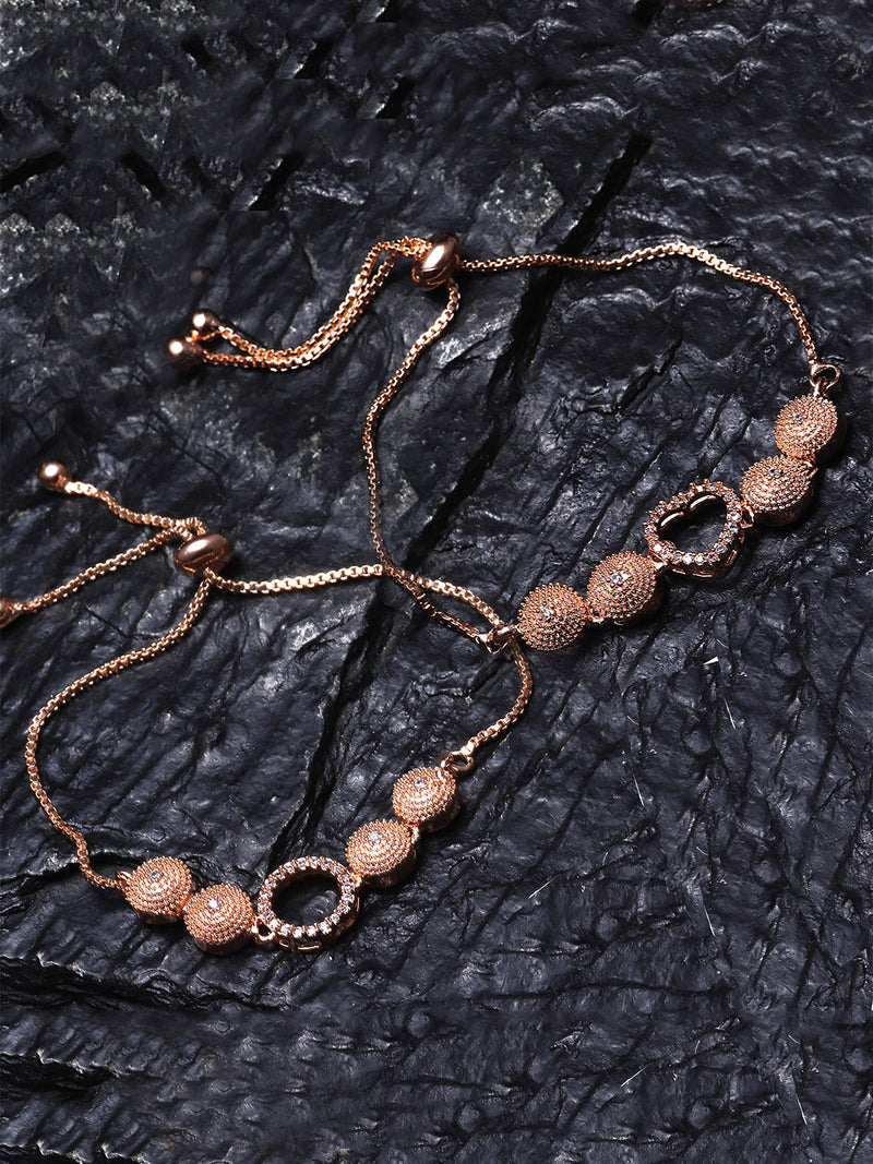 Rose Gold Plated American Diamond Studded Halo  Heart & Round Charm Adjustable Bracelet Combo Set of 2