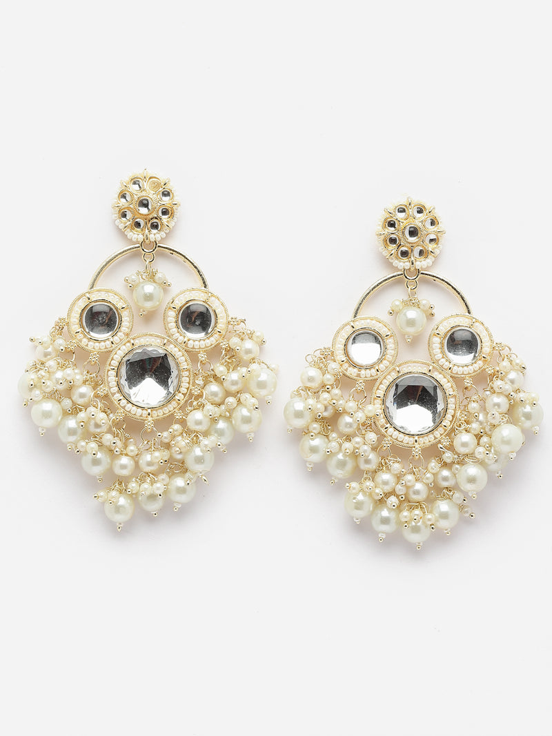 Gold-Plated Kundan & White Pearls studded Floral Shaped Tasselled Drop Earrings