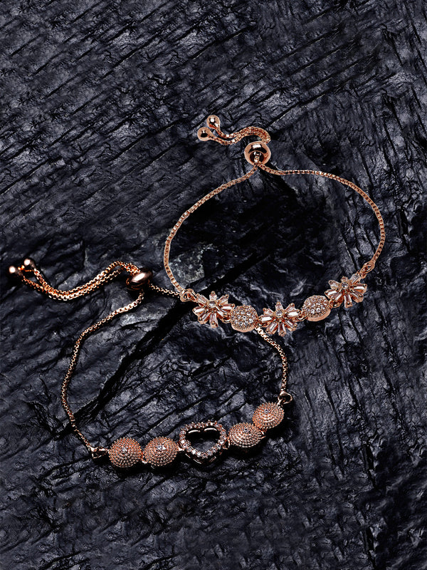 Rose Gold Plated  American Diamond Studded Heart & Floral Charm Adjustable Bracelet Combo Set of 2