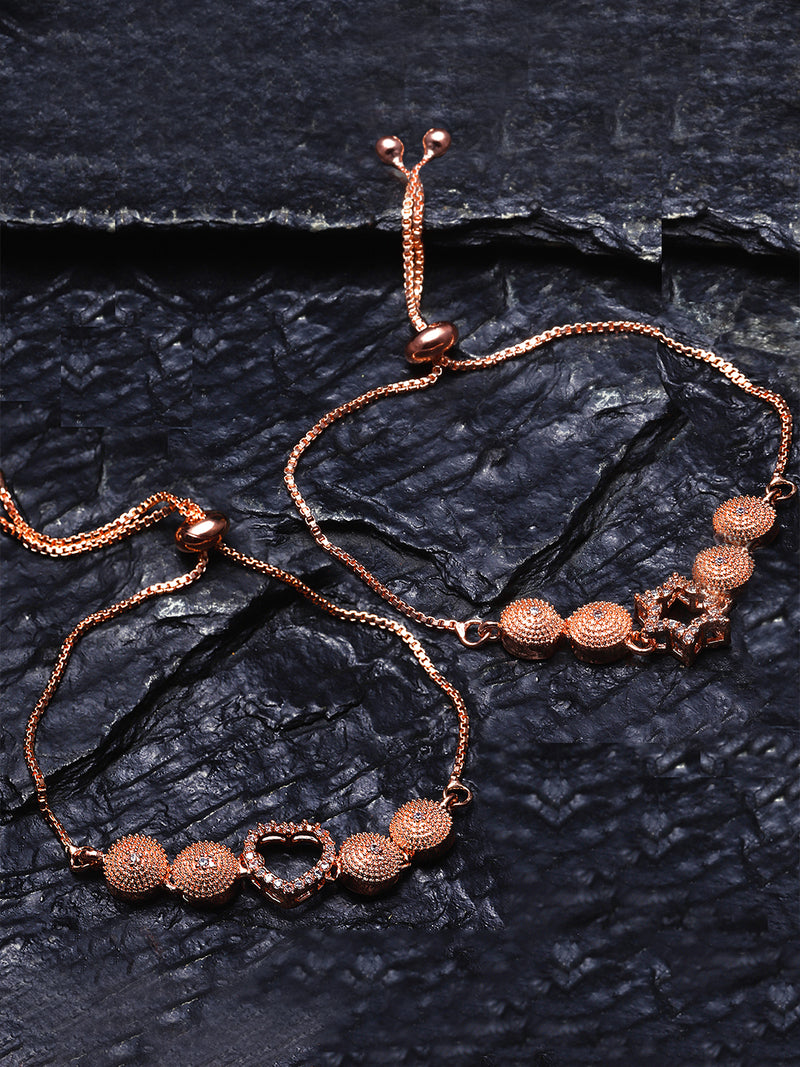 Rose Gold Plated American Diamond Studded Heart & Star Charm Adjustable Bracelet Combo Set of 2