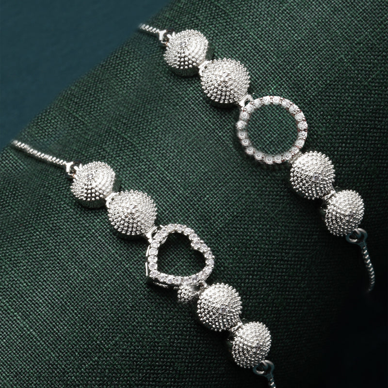 Rhodium Plated Silver Toned American Diamond Studded Heart & Halo Round Charm Adjustable Bracelet Combo Set of 2