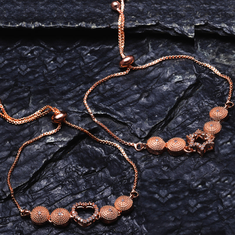 Rose Gold Plated American Diamond Studded Heart & Star Charm Adjustable Bracelet Combo Set of 2