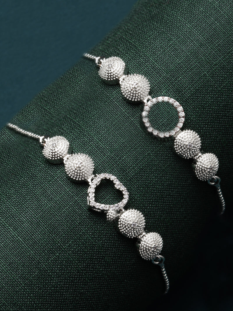 Rhodium Plated Silver Toned American Diamond Studded Heart & Halo Round Charm Adjustable Bracelet Combo Set of 2