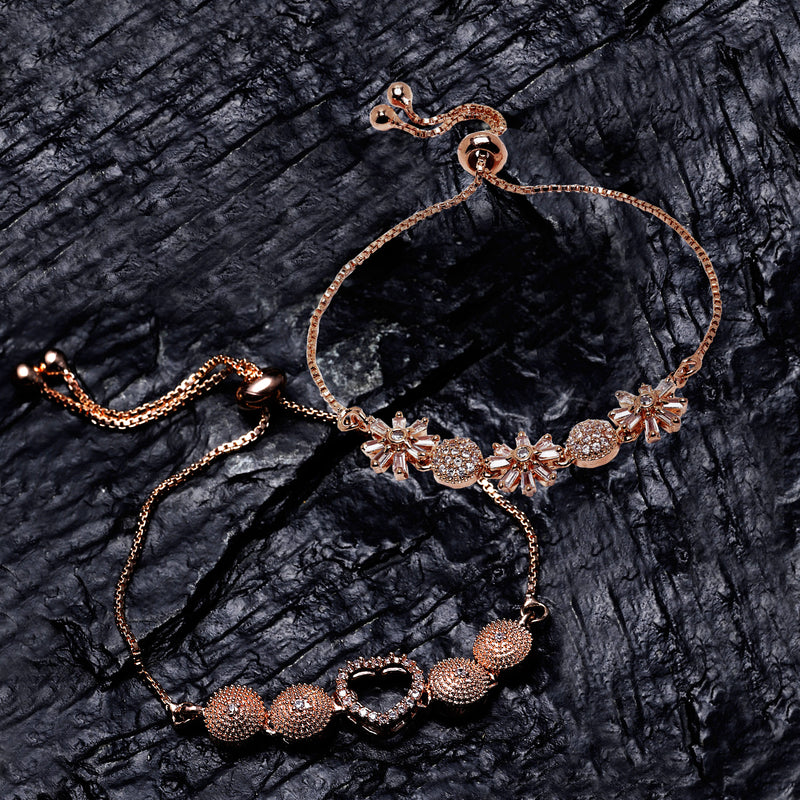 Rose Gold Plated  American Diamond Studded Heart & Floral Charm Adjustable Bracelet Combo Set of 2