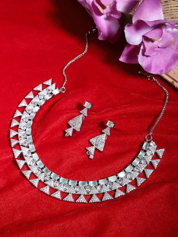 Rhodium-Plated Sea Green American Diamond Studded Triangular Design Necklace & Earrings Jewellery Set