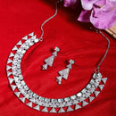 Rhodium-Plated Sea Green American Diamond Studded Triangular Design Necklace & Earrings Jewellery Set