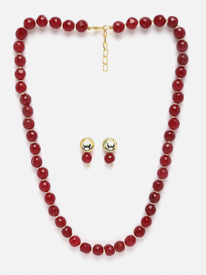 Gold-Plated Maroon Kundan Studded Pearl Shaped Necklace with Earrings Jewellery Set