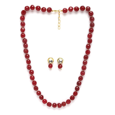 Gold-Plated Maroon Kundan Studded Pearl Shaped Necklace with Earrings Jewellery Set