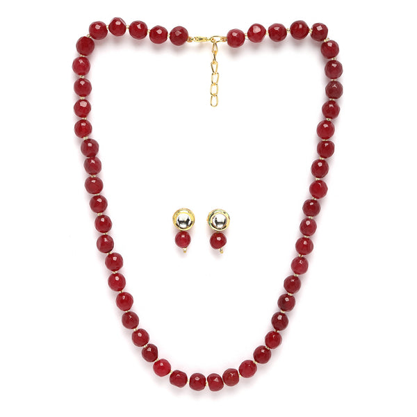 Gold-Plated Maroon Kundan Studded Pearl Shaped Necklace with Earrings Jewellery Set