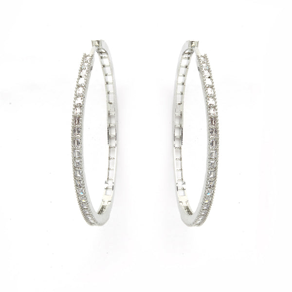 Rhodium-Plated with Silver-Tone American Diamond Circular Hoop Earrings