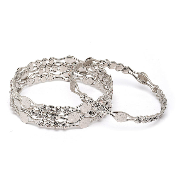 Oxidised Silver-Plated White American Diamond studded Temple Coin Bangles Jewellery Set (Set Of 4)
