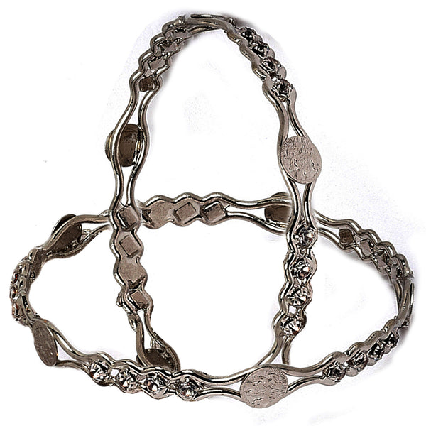 Oxidised Silver-Plated Black Toned White American Diamond studded Temple Coin Bangles Jewellery Set (Set Of 2)